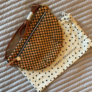 Clare V Grande Fanny in safari green & coral checker NWT